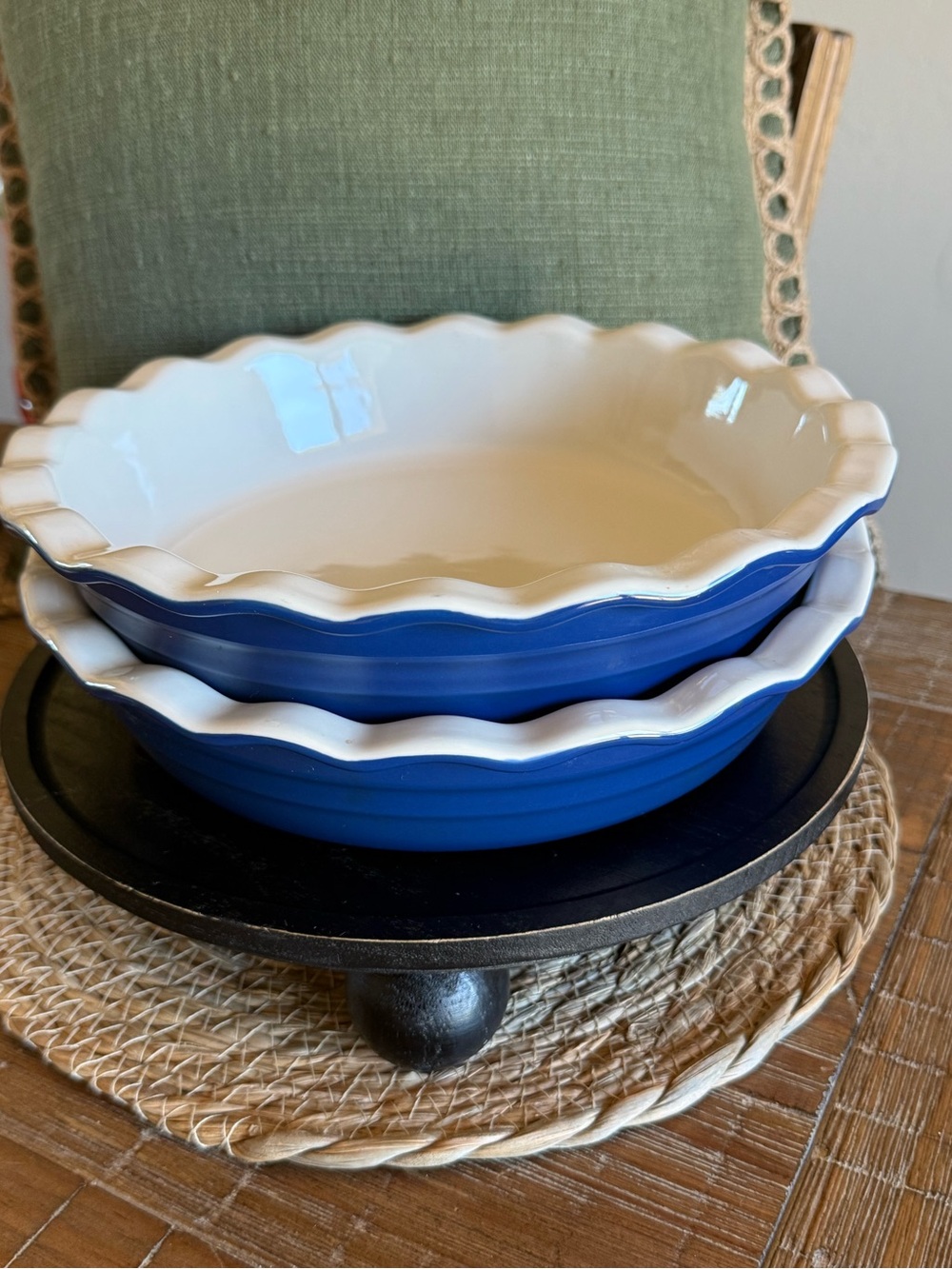 Baker's Advantage Stoneware Pie Pan Set of 2,  10" Fluted Ruffled Deep Edge Blue